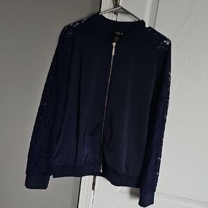 IMAN Navy Bomber Jacket with Lace Sleeves